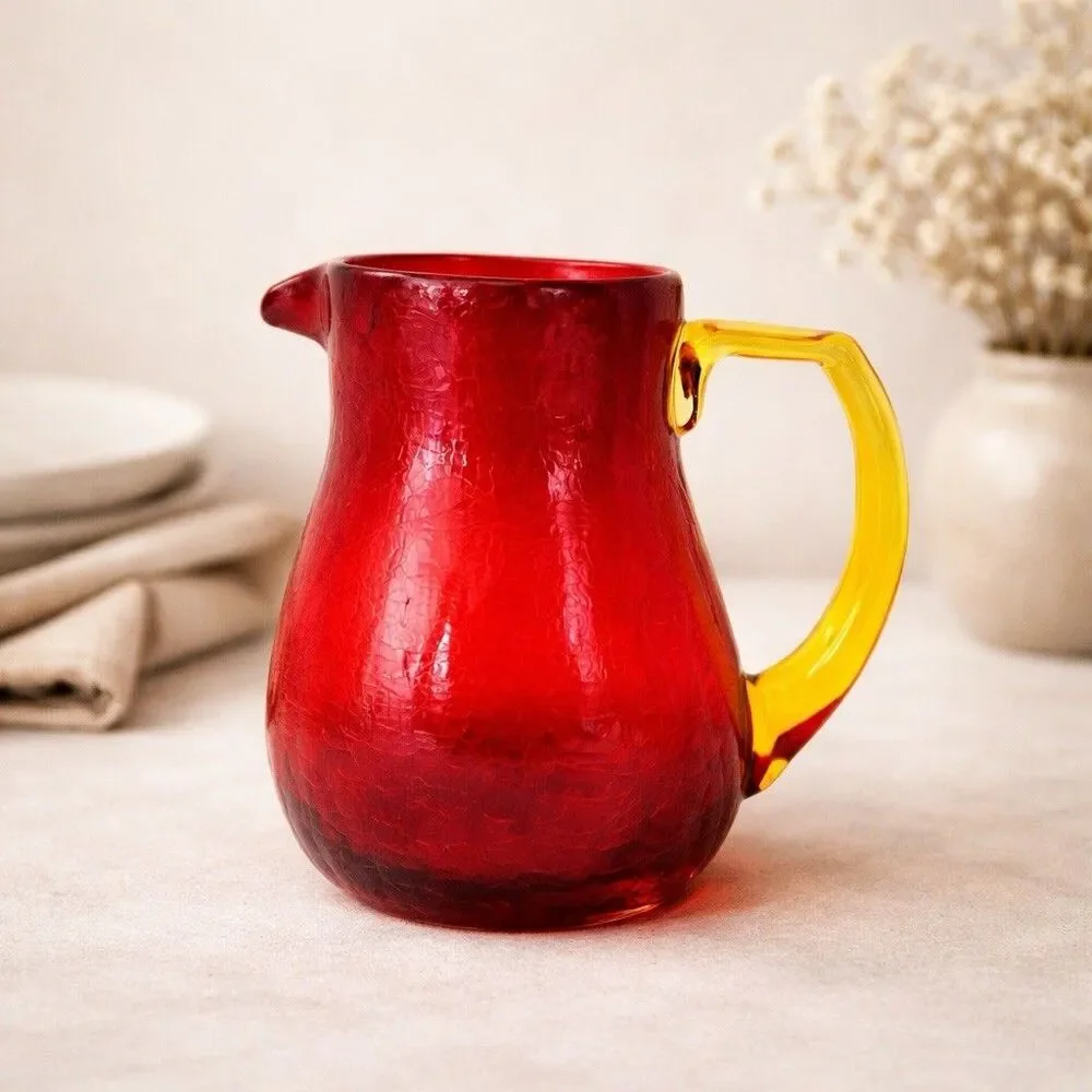 Vintage Amberina Crackle Glass Creamer Pitcher Ruby Red Amber Yellow 5.5”